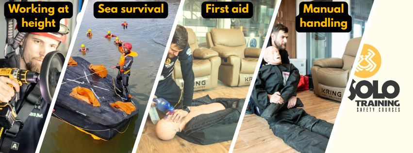 GWO Basic Safety Training participants using personal protective equipment and emergency response tools.